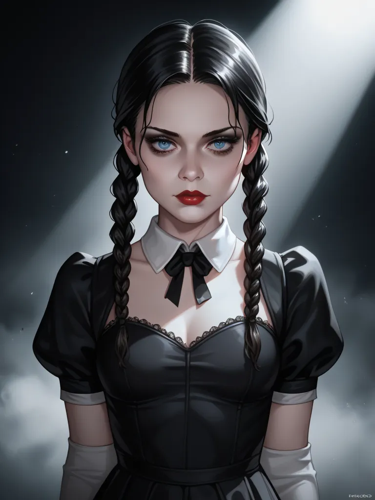 Wednesday Addams, pigtails, Gothic background, sexy, seductive, high detail, masterpiece.