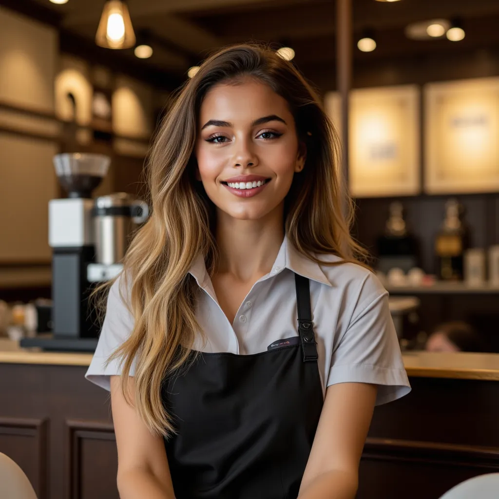 olive coloured skin, long brown hair with blonde highlights, in a starbucks uniform