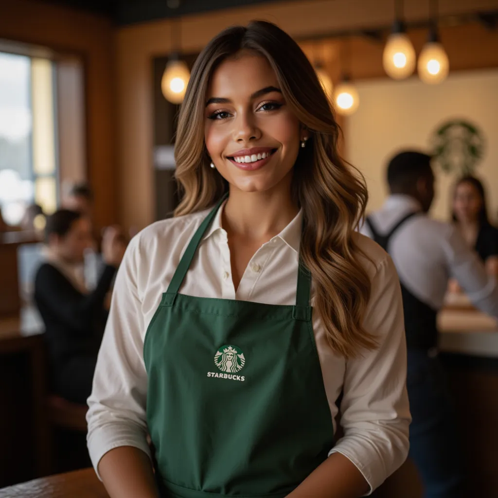 olive coloured skin, long brown hair with blonde highlights, in a starbucks uniform