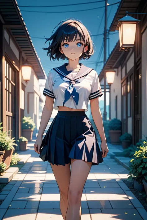 (masterpiece), best quality, expressive eyes, perfect face, 
nsfw, 1girl, solo, 
Japanese, 18 years old, slender, black short hair, straight hair, blue eyes, medium breasts, medium hips, 
sailor suit, 
walking, 
outdoor, wind, (((flat lighting)))