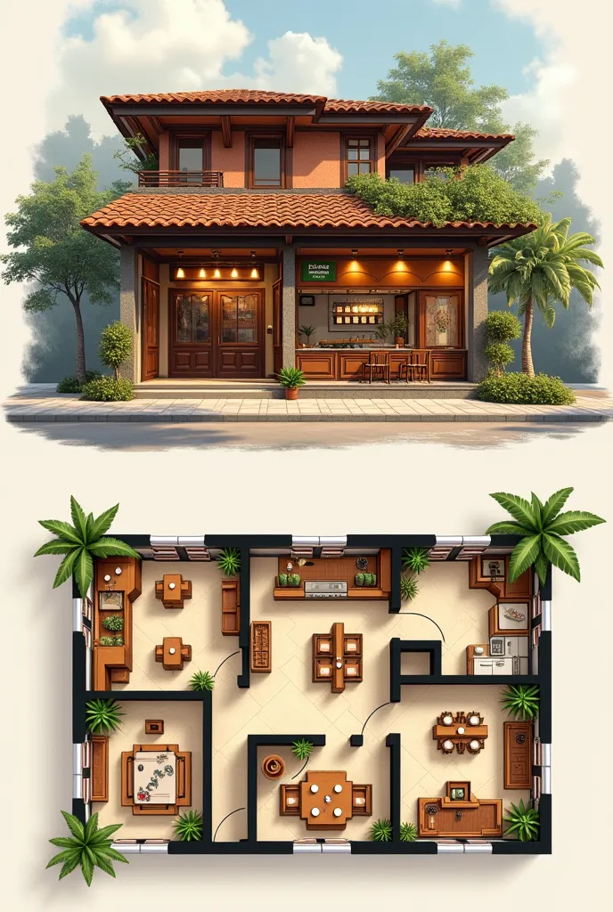 Floor plan for a dinning establishment "Pasta House" (50sqm) Front view and Top view (Philippines)