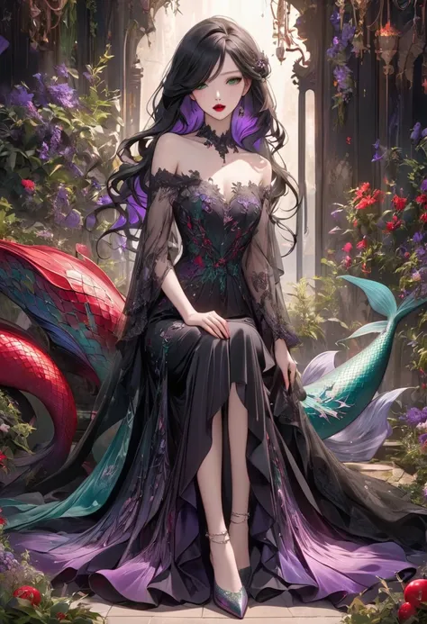  long black hair。 Purple inner color 。   Intellectual dark green eyes with an unobtrusive expression  。  red lips like an apple  。 Women with pale beauty  。Elegant and neatly designed mermaid dress、It has an atmosphere like another world 。From black to pur...