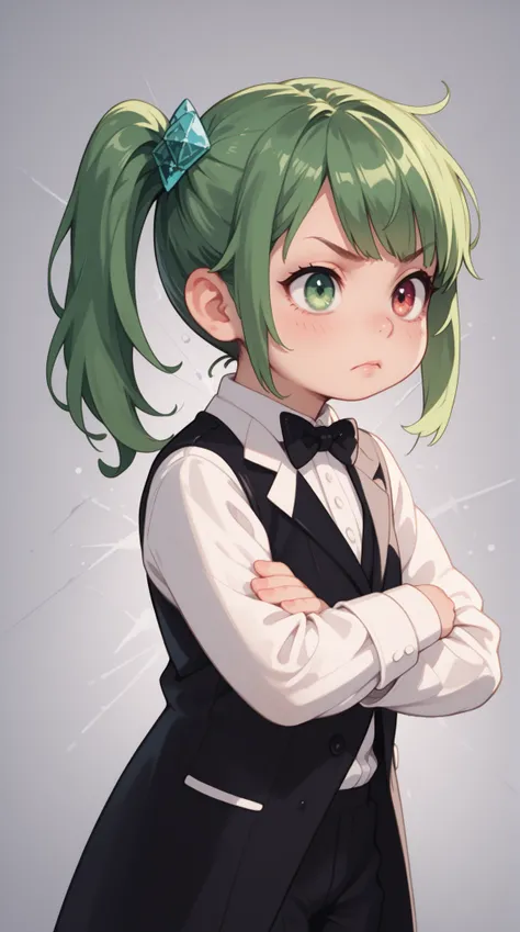 1人の女の子（とても幼い）、full body、,green hair,big hair(side ponytail),bangs,green eyes, diamond-shaped pupils,tuxedo, disappointed, heterochromia