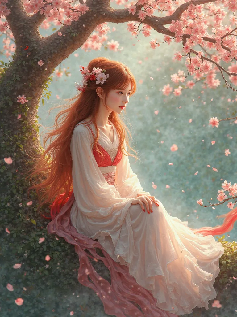 A girl in a short white and long red dress is sitting on a blossoming tree branch