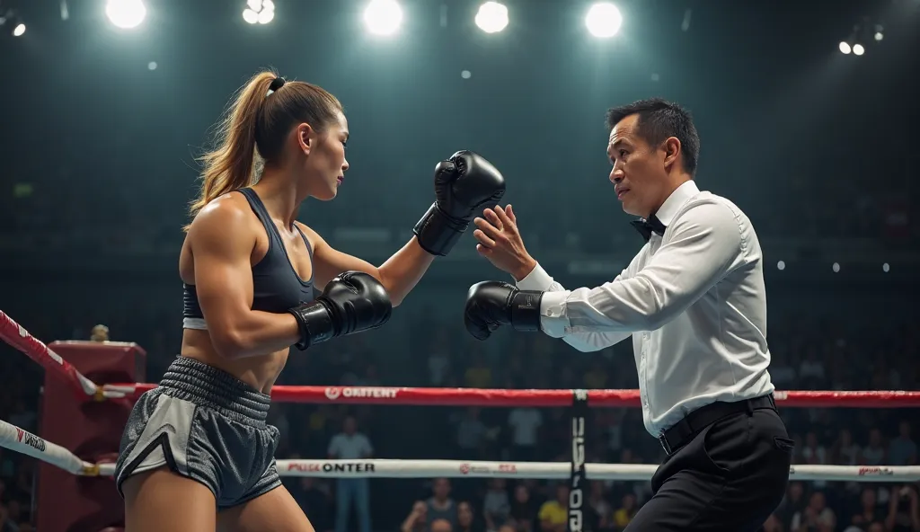 A male referee actively working in the ring during a boxing match. He wears a white shirt, black slacks, and black boxing shoes, and watches the progress of the match. He moves with agility to make sure the fighters are safe, while judging the fight with a...