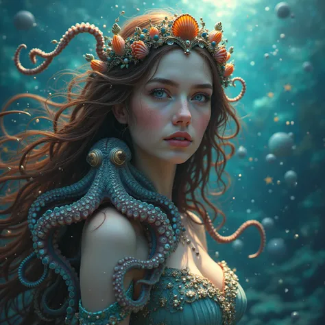 beautiful queen of the sea, detailed portrait of a beautiful female sea goddess with long flowing brown hair, crown of shells, octopus on her shoulder, colorful, high quality, cinematic lighting, dramatic atmosphere, epic fantasy, fantasy art, digital pain...