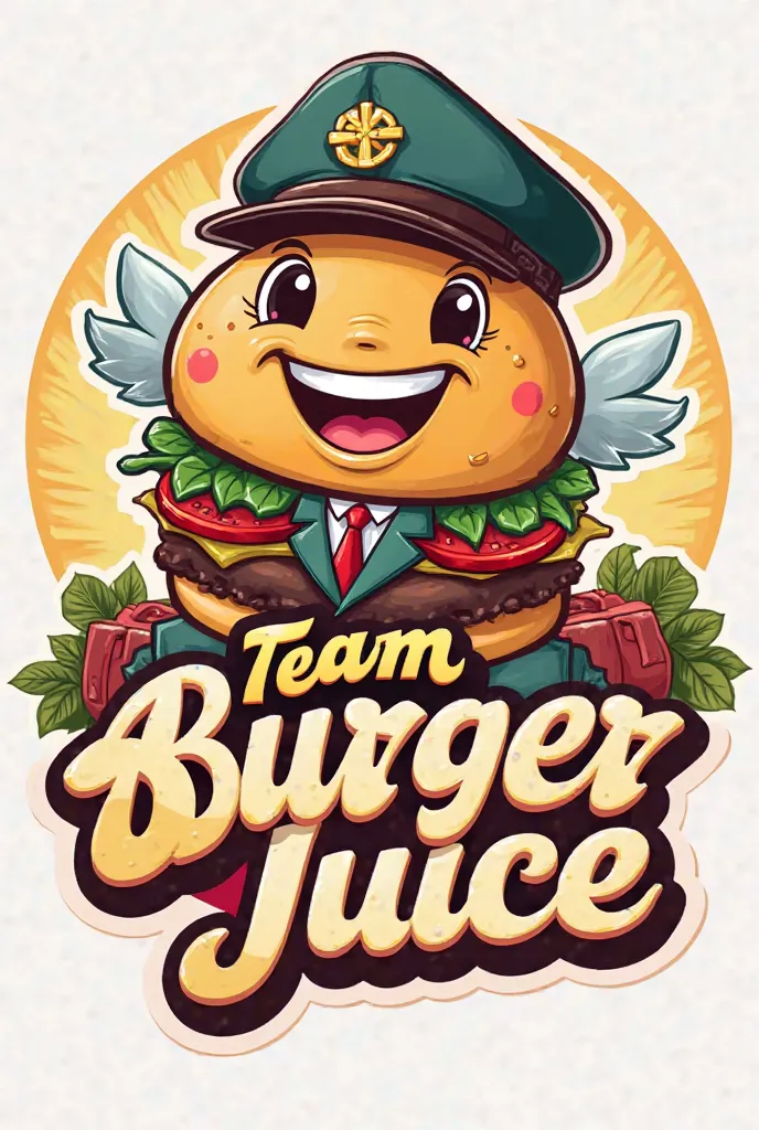 Logo for ‘Team Burger Juice’ incorporating a  cartoon hamburger dressed as a flight attendant