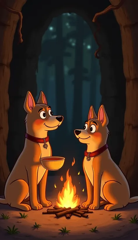 "Inside Tommy's small, simple hut, the rich dogs sit near a small fire. Tommy serves them a bowl of warm soup. They look at him with gratitude, realizing their mistake. Their eyes are full of regret and appreciation."