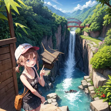 pink brown brown gold hair、 eye、  Has hair tied  、Two cute people、 check miniskirt、  black t-shirt、 Light clothing、 tank top、 camisole、high socks、 Boots、 teeth inside、  The Road Is Crooked 、Mountain々、Stick together  、 bamboo forest、 chest pocket  、rock sal...