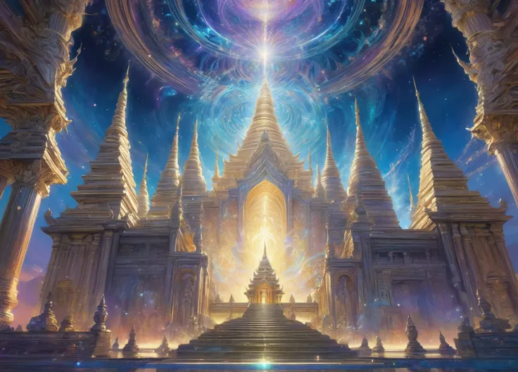 "Ancient Temple of Divine Mysteries, Bathing in effervescent glow. spectral entities, topped with crowns of celestial light, gather in the heart of this sacred site, directing powerful metaphysical forces through graceful mudras and esoteric gestures. , th...