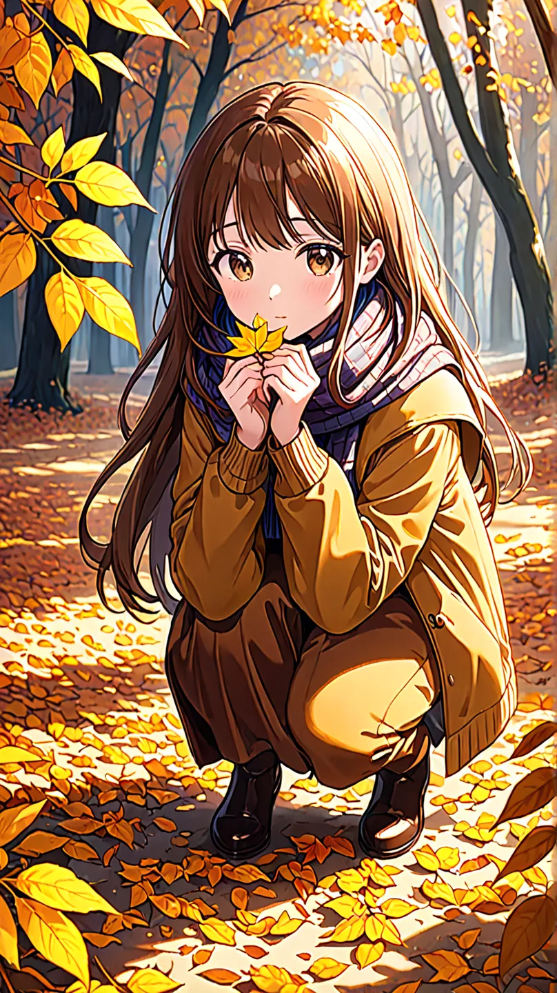 1 girl crouching\(long brown hair, cute, Autumn outfit, scarf,  comments,  Bbo~, Picking leaves\( Golden Things That Shine Through Sunlight ),full body\\), simple background, break ,quality\(masterpiece, best quality,8k,極めて精細なCGユニットのwallpaper, High Resolut...