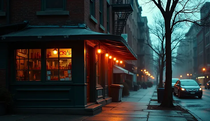 new york, Street, dusk,bar facade across the street, film, high quality, without cars, subdued light