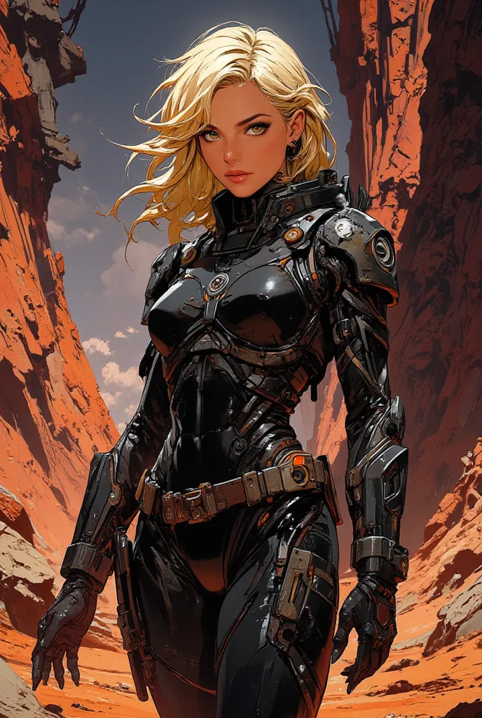 voluptous Ellen Ripley in Frazetta style black imperial 1890s space suit, blonde hair, green eyes, background martian landscape filled with red scale-armour skin trees