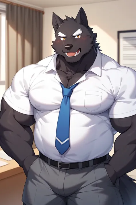 Mature male, anthro, only, musclegut:0.2, tall, (small waist), (biceps, thic arms), (thick jaw), (broad chin), (kemono ), (black wolf), black fur, black skin, , I'm wearing a black suit、 wearing a white shirt 、 is described as having a blue tie 、I'm wearin...