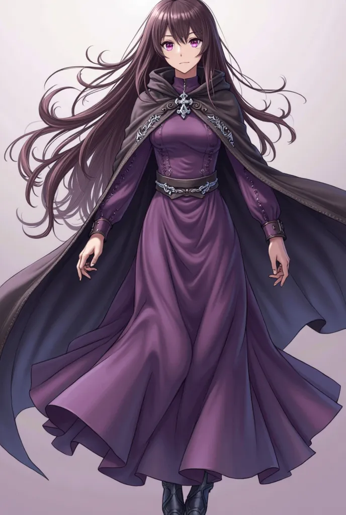 A ager with pale lavender eyes and Wavy, dark brown straight very long hair with wispy bangs, wears a deep purple dress with silver accents, a hooded cloak, and lightweight boots for mobility, from one punch man anime, soft, gentle, levitating 