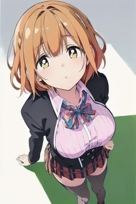 Koiwai Yoshino ,(masterpiece, best quality:1.2),2D, anime,  Anime art,  line art  , watercolor,loli, 1 girl , (orange hair), (large breasts:1.6),jacket,plaid,(school uniform),(short hair),skirt,Alone,thighhighs,(from above, look at viewer, looking up:1.6)