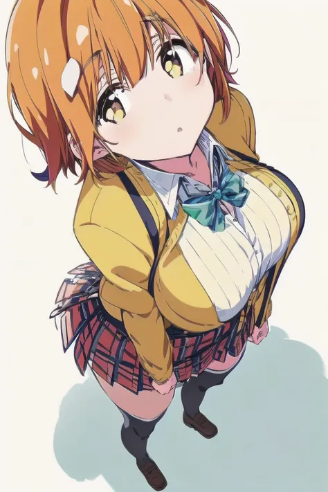 Koiwai Yoshino ,(masterpiece, best quality:1.2),2D, anime,  Anime art,  line art  , watercolor,loli, 1 girl , (orange hair), (large breasts:1.6),jacket,plaid,(school uniform),(short hair),skirt,Alone,thighhighs,(from above, look at viewer, looking up:1.6)