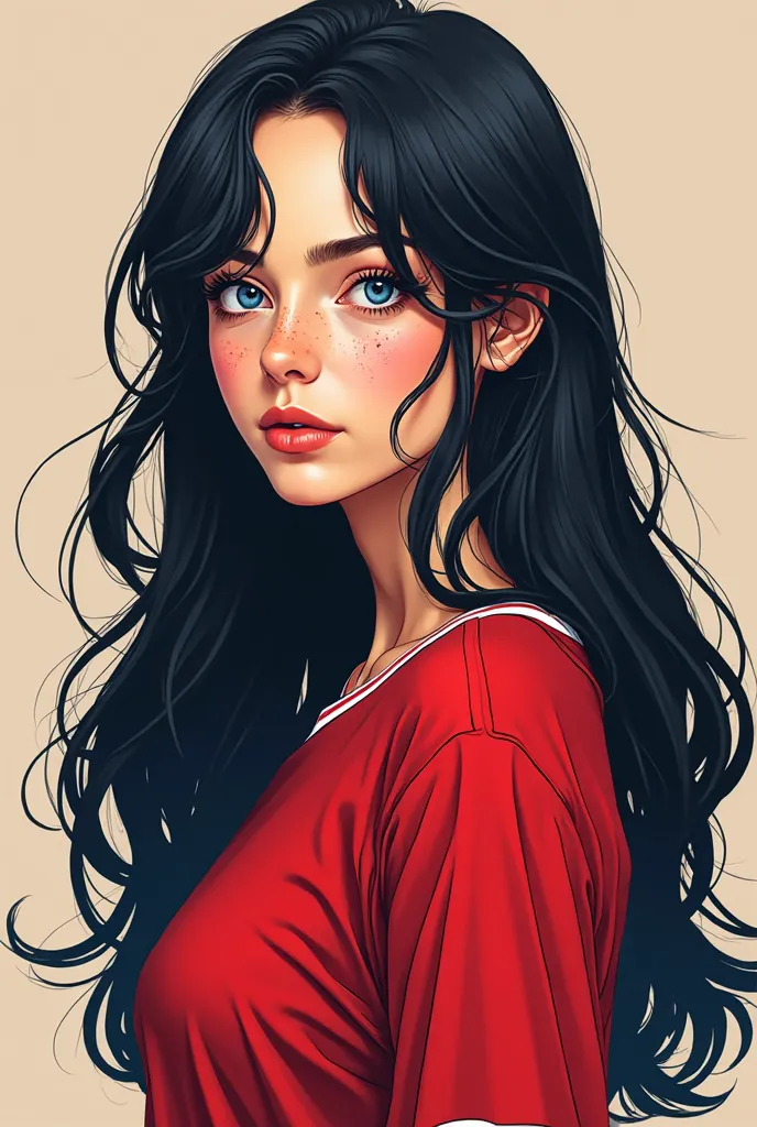 A stunning young woman stands upright, her vibrant red jersey a vibrant contrast to her raven-black hair that cascades down her back in luscious, silky locks. Her piercing blue eyes sparkle with a subtle intensity, free from the distraction of makeup, and ...