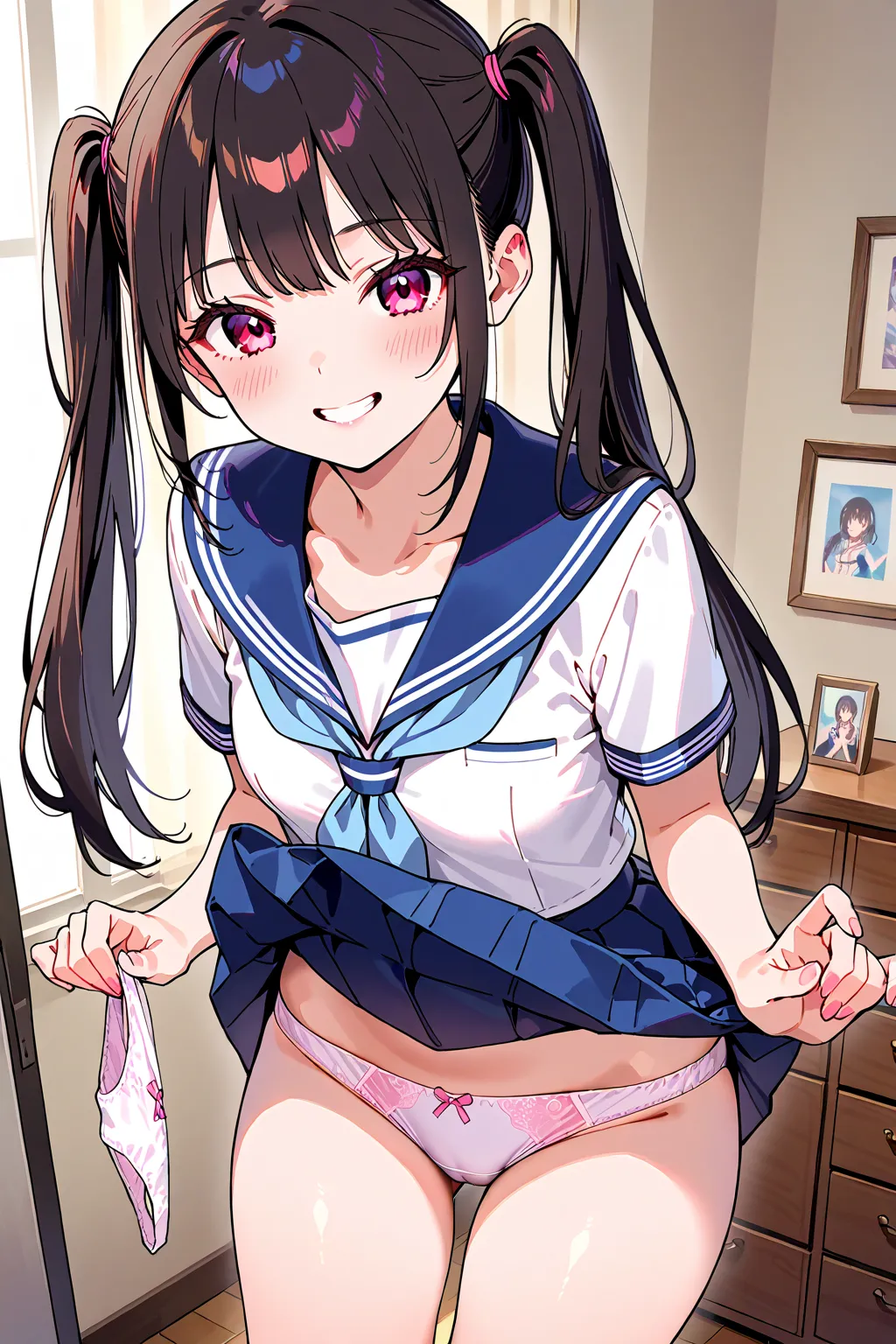 Beautiful Girl、High School Girls、 petite body、small breasts、twin tails、Grin、sailor suit、 girly room、chest of drawers、chest of drawersの引き出しが開いている、chest of drawersの中にはランジェリー、panties in hand、holding panties with both hands、steam from panties、chest of drawersが...