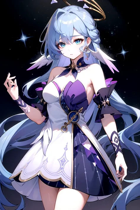 A girl with straight and long black hair, heterochromic eyes, one light blue and the other dark blue, fair skin, wear a black dress with a white jacket on top, she wears gold jewelry with the same shades of blue as her eyes, In the style of Honkai Star Rai...