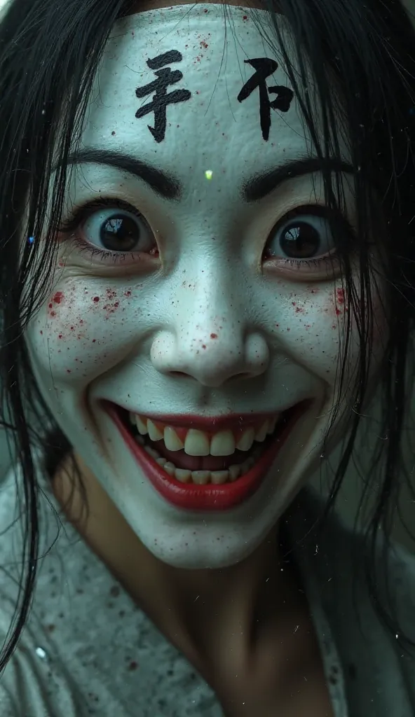 Close up shot of the face HD QUALITY 4K a Japanese woman with black eyes glowing freckles white mask on her face with writing characters on it crazy laugh horror movie moderately flashes this the 