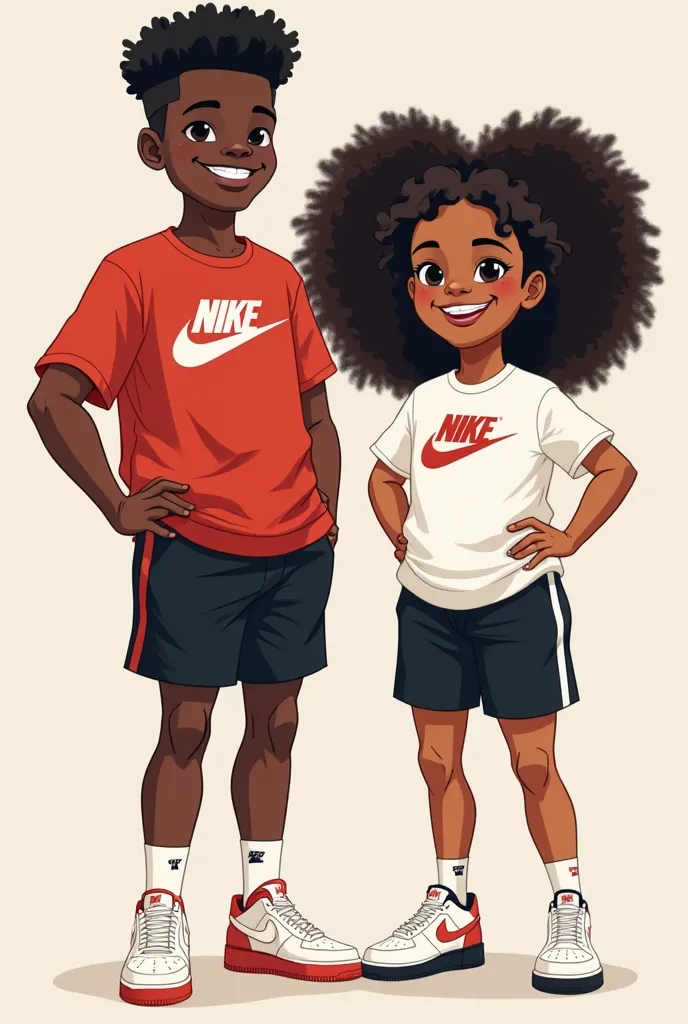 Create an urban and modern cartoon style illustration, with clean lines and vibrant colors. in the image,  two characters stand side by side , symbolizing partnership and dynamism. The first character has brown skin, curly hair e usa uma camisa preta inspi...