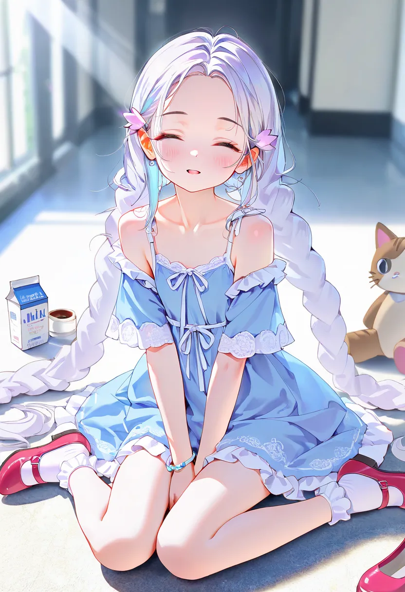 masterpiece,best quality,high quality,loli,chromatic_aberration,Light Blue Theme, //, 1girl, long hair, White hair, closed eyes, solo, sitting, white background, very long hair,,Lace patterned socks, shoes removed,Milk, dress,shoes, blush, wariza, socks, s...