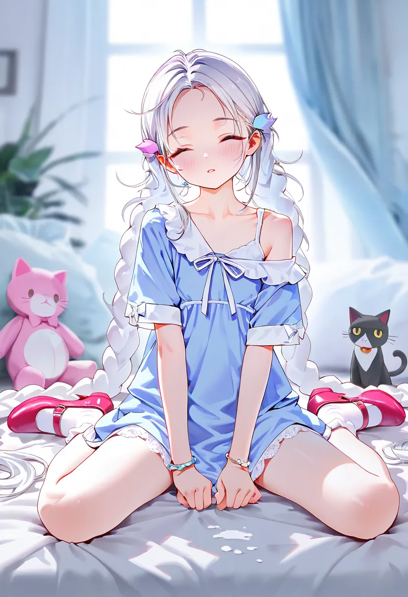 masterpiece,best quality,high quality,loli,chromatic_aberration,Light Blue Theme, //, 1girl, long hair, White hair, closed eyes, solo, sitting, white background, very long hair,,Lace patterned socks, shoes removed,Milk, dress,shoes, blush, wariza, socks, s...