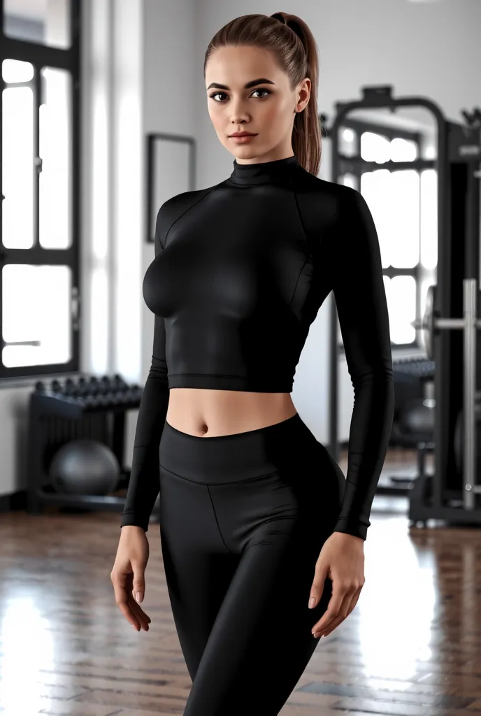 
Russian slender girl with an hourglass figure in the gym in a closed tracksuit,  long sleeve t-shirt , closed belly