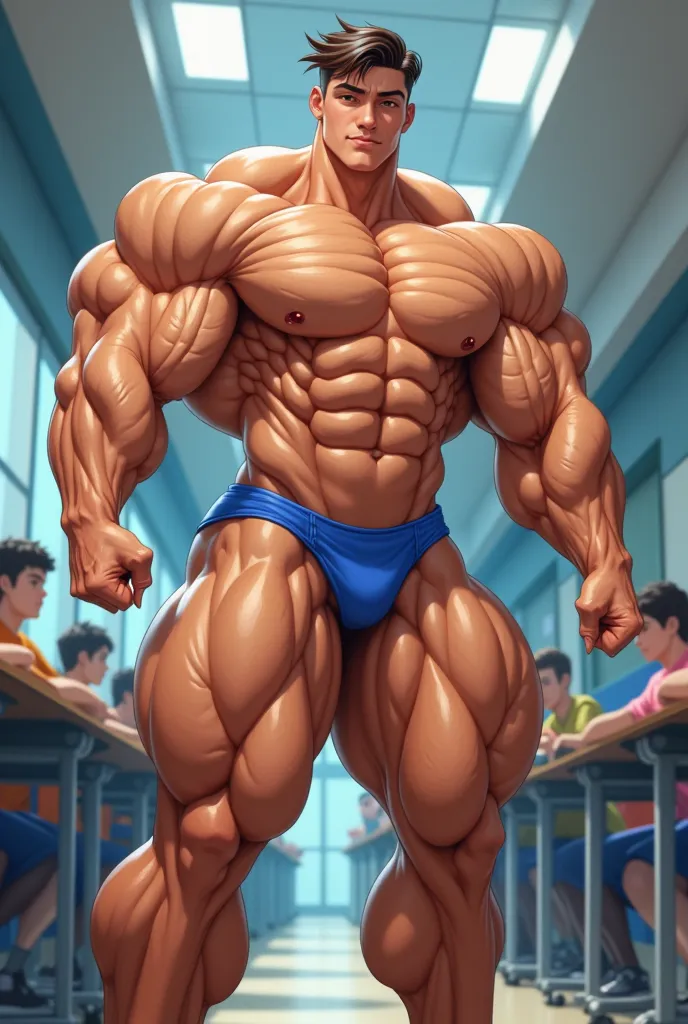 18 years old ifbb bodybuilder guy, blonde, blue speedo, massive muscles, massive pecs, gigantic muscles, posing in school, high school student, modern low-cut haircut with bangs, bangs, illustration