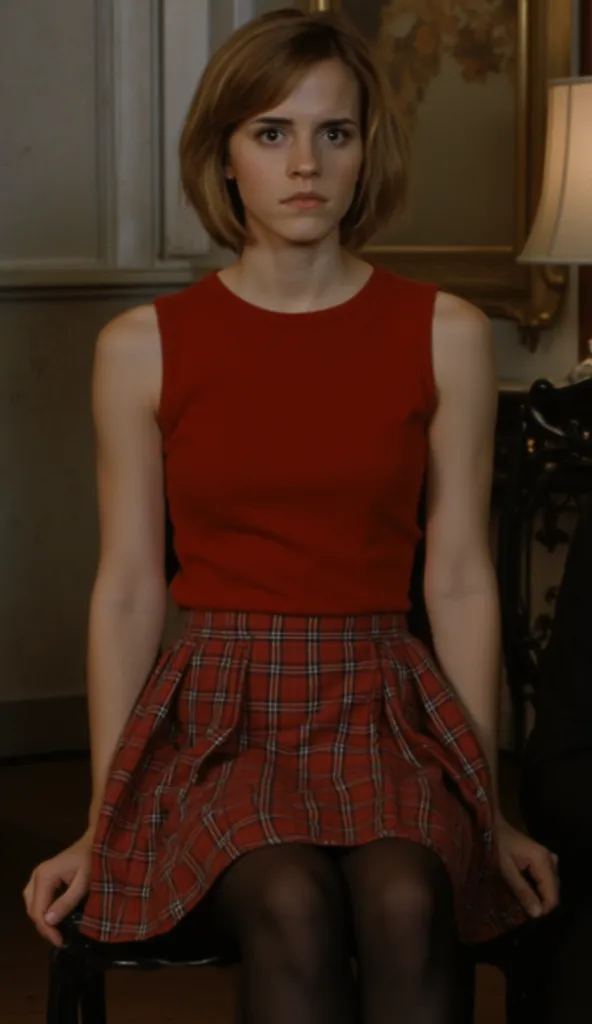 Head to toe picture of Hermion grenger.short hair. sleeveless light red fitted knit dress with a high round neckline that sits close to the neck.red plaid pleated mini skirt.the dress should be tucked into the skirt.black pantyhose.sat on chair.classic ste...