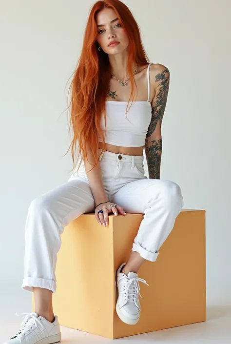 better quality:1.4), (Ultra High Resolution:1.2), (photorealistic:1.4), (8k, RAW photo:1.2),  a Brazilian woman .  have fair skin. He has dark brown eyes . She has long straight red hair. She's wearing white cropped . is wearing white pants. She has tattoo...