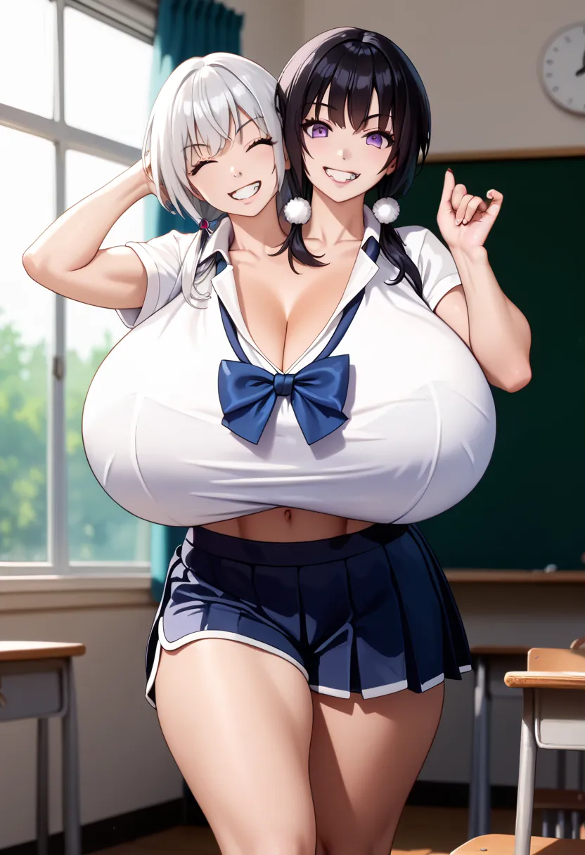 （Highest quality)、(Abs 6 Pack)，super realistic image, high quality uhd 8K, (masterpiece, best quality), (detailed), best resolution, 16k, 2heads, a tall thin woman with 2 heads, white hair, black hair, purple eyes, grinning, She is wearing a black school u...