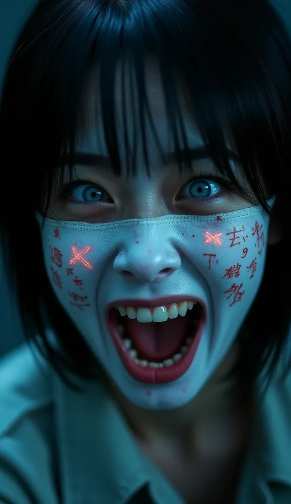 Close up shot of the face HD QUALITY 4K a Japanese woman with black hair blue eyes the glow freckles white mask on the face with lettering characters on it crazy laugh horror movie moderately flashes this 