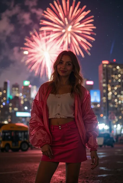 The picture shows a night-time urban NY landscape with a large firework display in the sky in the background. Fireworks explode in different colors and shapes, creating a beautiful play of light and colors. In the foreground, a Russian 23 years woman poses...