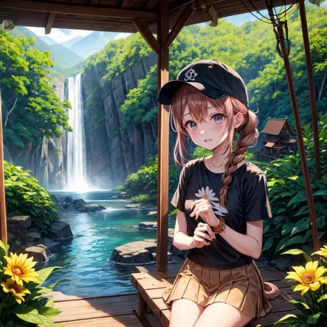 pink brown brown gold hair、 eye、  Has hair tied  、Two cute people、 check miniskirt、  black t-shirt、 Light clothing、 tank top、 camisole、high socks、 Boots、 teeth inside、  The Road Is Crooked 、Mountain々、Stick together  、 bamboo forest、 chest pocket  、rock sal...