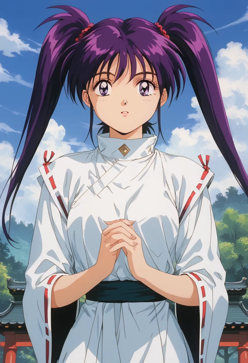 1girl, solo, 
twintails, purple hair, 1980s (style), yi xiaoming, long hair, 
kawaii,Cute, retro artstyle, looking at viewer, posing, 
outdoors, shrine, blue sky, clouds, trees, 
score_9, score_8_up, score_7_up, score_6_up, score_5_up, score_4_up,
masterpi...