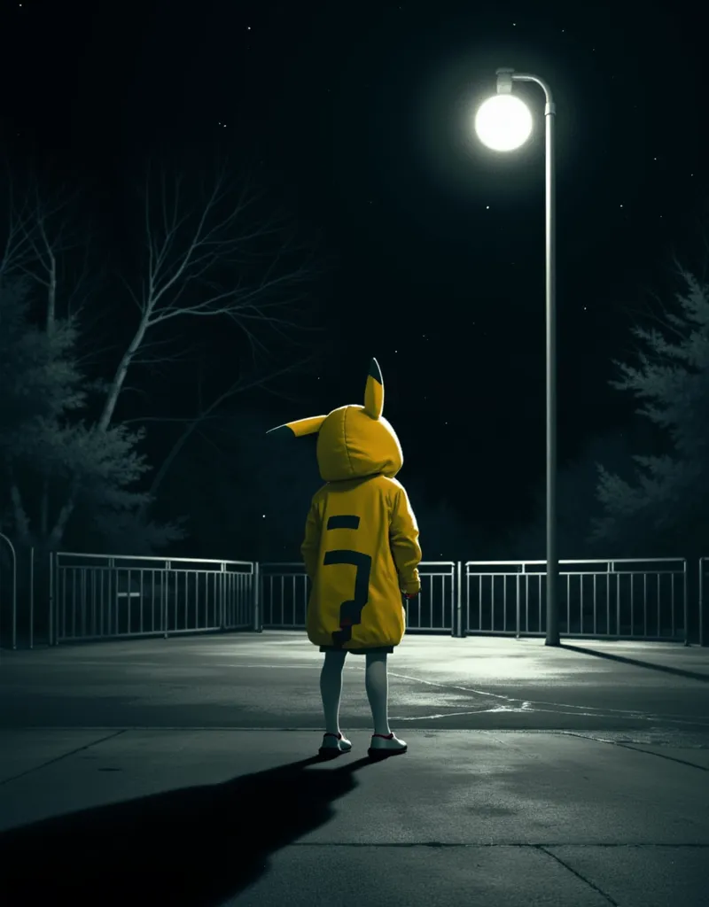  Cinematic mood illustration solitary. The back of a hooded young woman wearing a Pikachu costume can be seen next to a streetlamp on the grounds of a park. Her ears are a little tilted as if she's not feeling well, and the Pikachu tail attached to her ski...