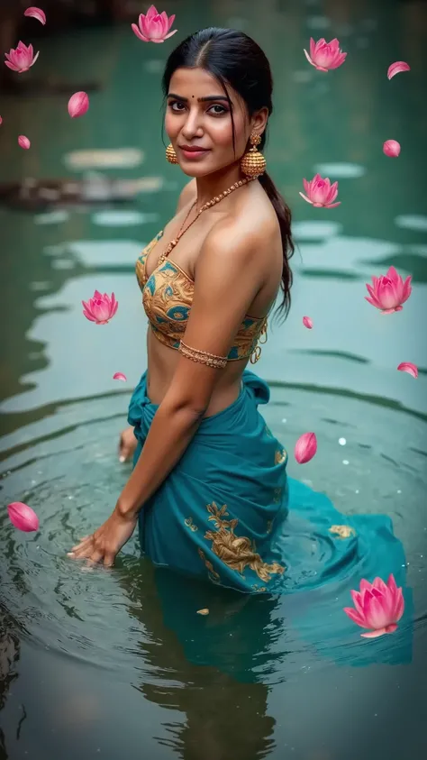 (masterpiece, best quality:1.2), ultra-detailed, 1girl, waist-deep in a flowing turquoise river, wearing a soaked royal blue lehenga with intricate gold embroidery, delicate gold chains draping over her shoulders, ornate jhumkas glistening in the warm moon...