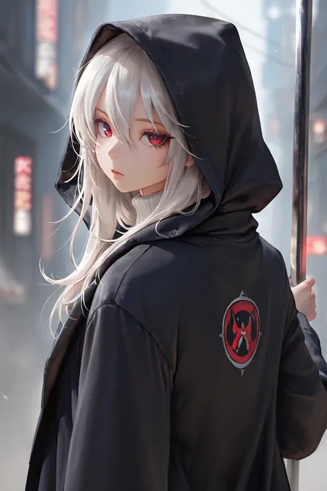 masterpiece, best quality, detailed eyes, semi realistic, 8k, girl, cute, small, pure, oversized black hood coat, black jean, white sweater, emotionless face, short long white gray hair, red eye, midnight city, solo character. looking at viewer, wearing ho...