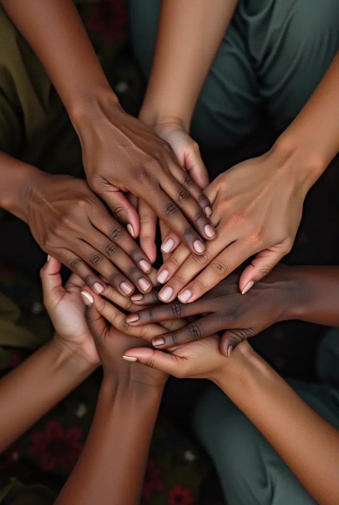 Create a photo of four African women soft hands holding each other, an image from above, hands being laid down on each other's, only hands