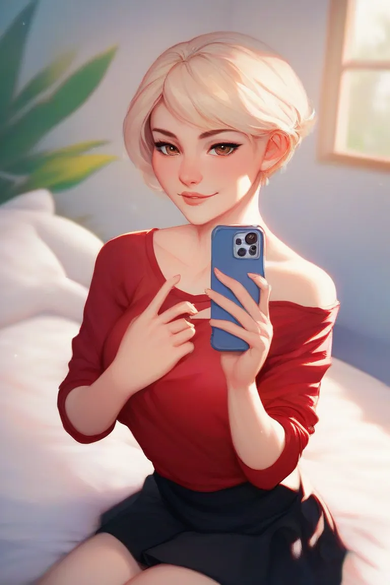 Blond girl, short hair, brown eyes, red shirt, black skirt, sitting on her bed, selfie