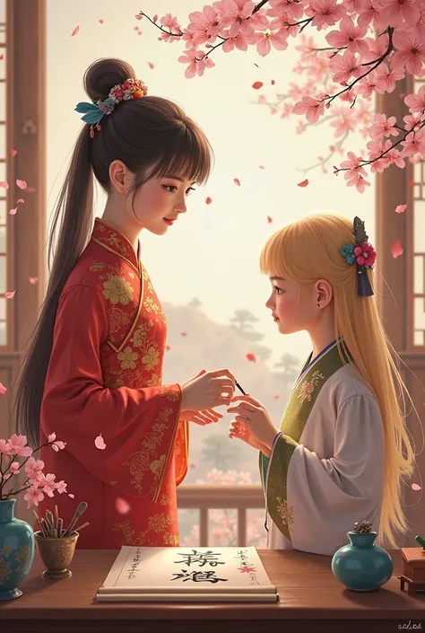 Asian girl in qipao with a scroll in her hands teaches a blonde girl Chinese.