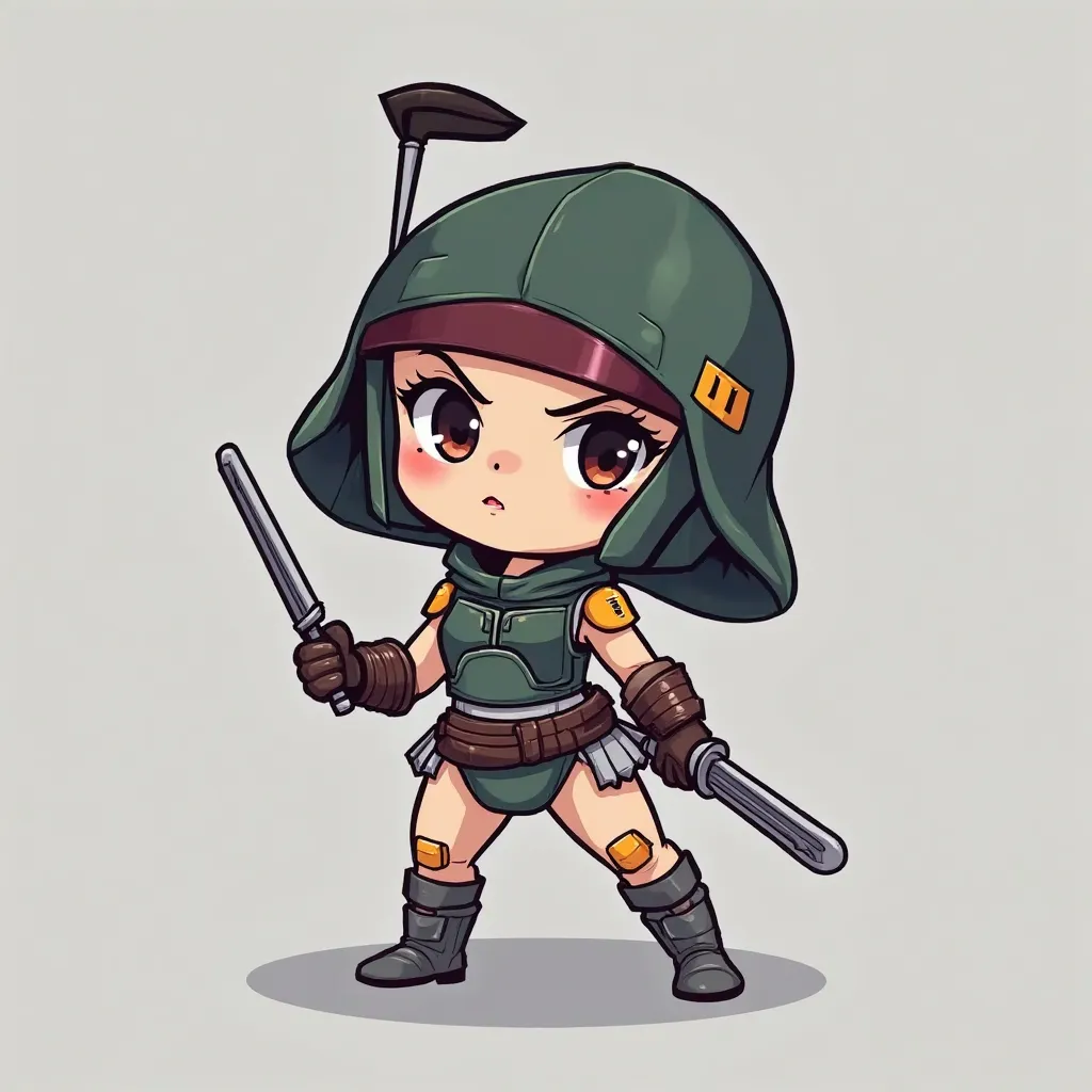 A full-body, Chibi-Cartoon style illustration of the Character " Snow White" da Disney, wearing the costumes (without mask) of the Star Wars character " Boba Fett". She also wields her iconic weapons. Fearless and challenging expression, Dynamic combat pos...