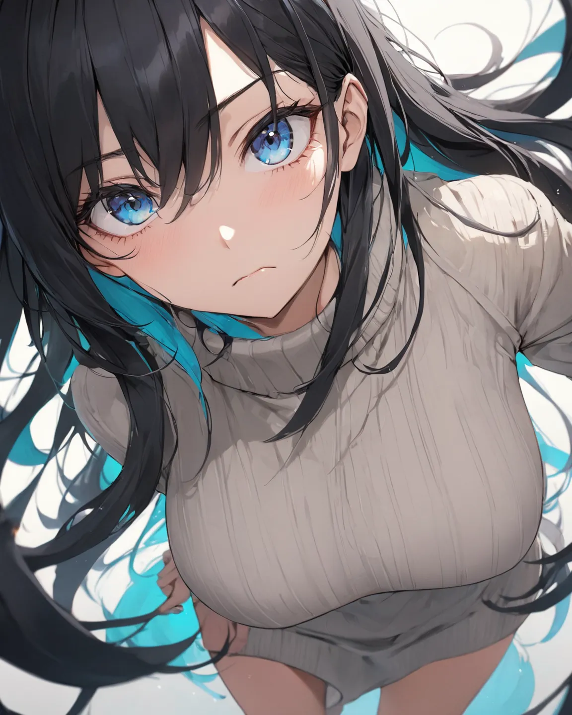 masterpiece, best quality, only woman, (woman：Alone, adult, grown, 30 years old), black extra long hair, blue eyes, colored inner hair cyan in black hair, tall,  small eyes, Squint eyes, long face, large breasts, sweater dress, suspicious, serious, dynamic...