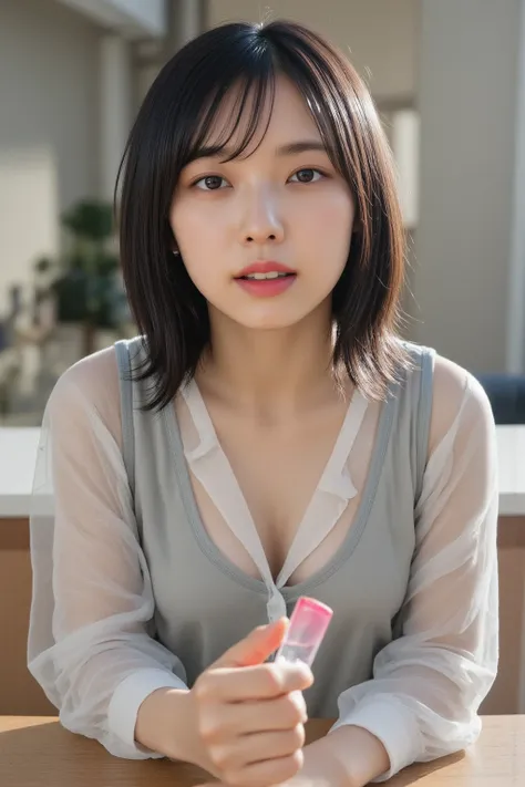 A girl is putting a pink rotor on her nipples at the company office, ((nipple, nsfw, vibrator, {{small adult toy touch nipple}}, orgasm, {portrait}, best quality, very aesthetic)), The inside of the shirt is naked, A gentle expression looking at the camera...