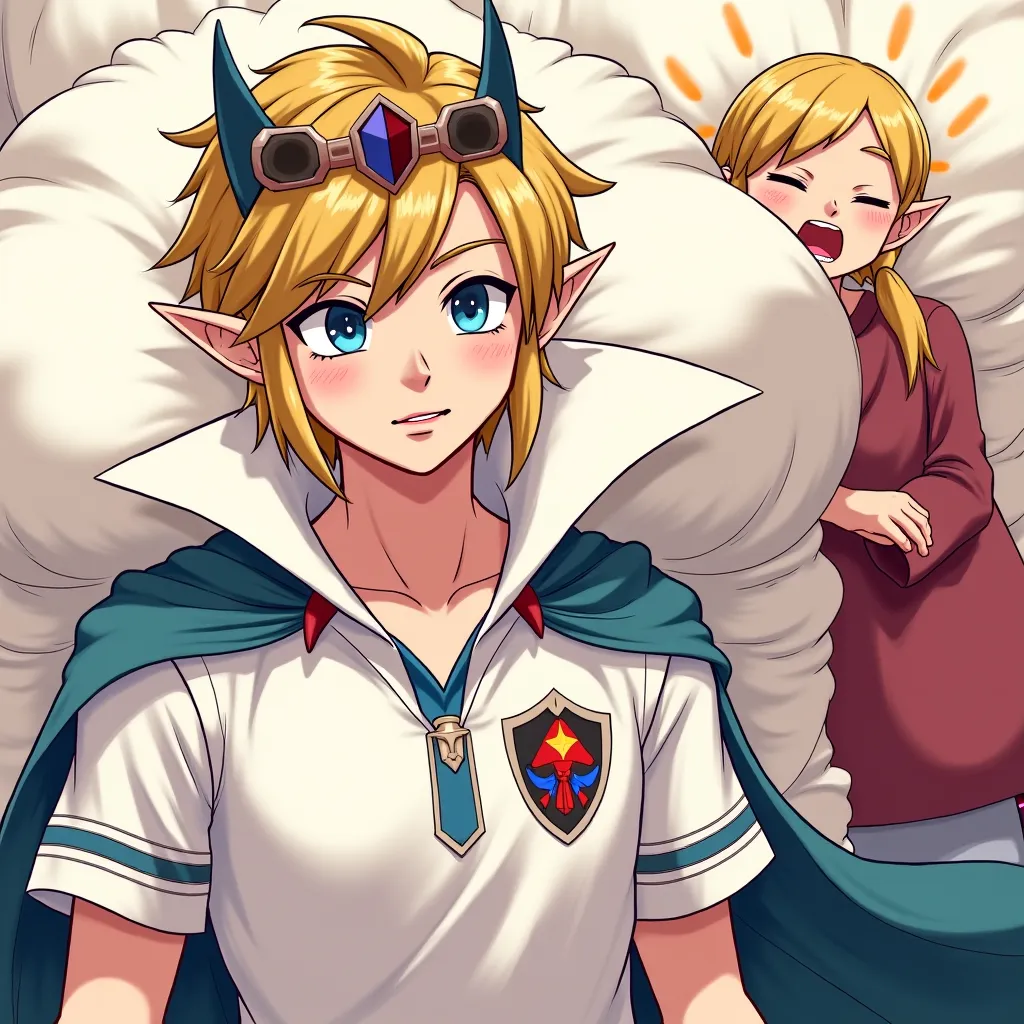 Anime Legend of Zelda King Link wearing a Massive popped collar polo with a collar so high it's taller than his head he's with Princess Zelda who is in pain he's holding his hand out to her which causes her to scream