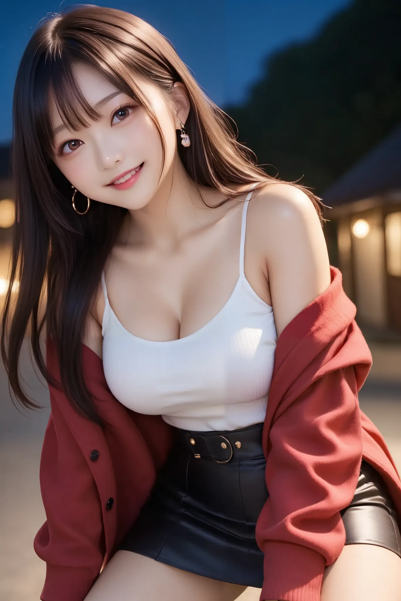  Night View、night景、night、In front of a large exterior hotel、score_9,  score_8,  score_7 , detailed,   Hausmo Style  , 1 Japanese girl ,  girl in the distance has brown hair,  Girl has long hair, girls have straight hair  ,  big breasts,Tight Waist  ,かわいい顔、...