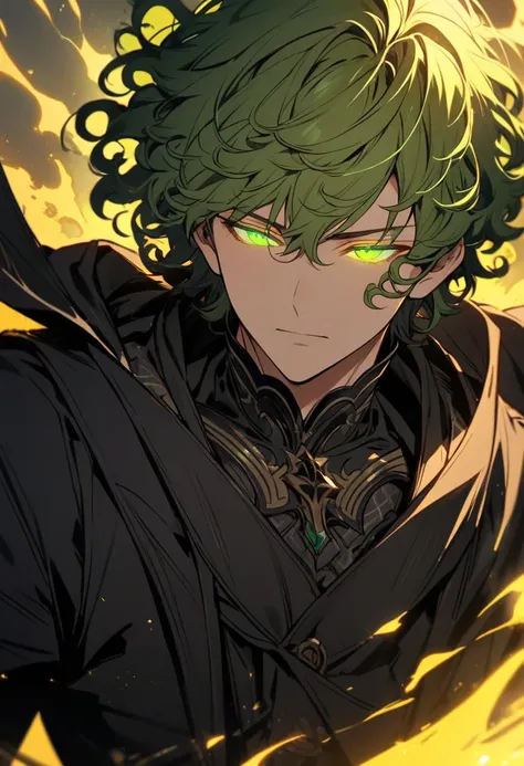 male, solo, handsome, green hair, green eyes, curly hair, very short hair, short hair, beautiful color, high detail, closing eyes, glowing eyes, yellow aura,black coat