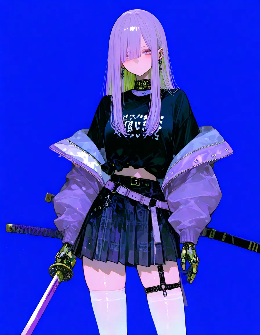    masterpiece、最     high quality  、     high quality  、    very aesthetic、     absurd、    latest、 girls、blond with a big face、      purple long hair、devil 、      gal、   earrings、  skirt 、 jacket 、 pantyhose、 black shirt、 White knee socks 、Glass、 strap 、 T...